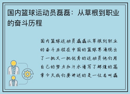 国内篮球运动员磊磊：从草根到职业的奋斗历程